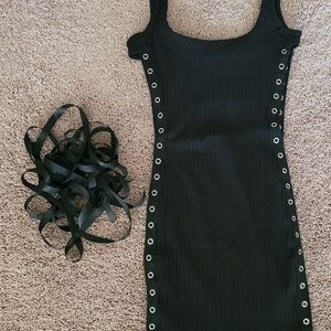 Elegant Black Dress with Eyelet Tie Up Side Detailing
